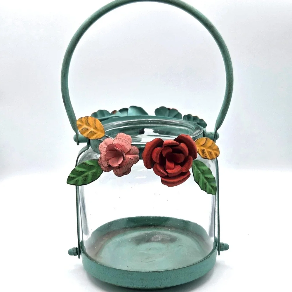 Green Metal Candle Holder Lantern with Flowers Cottagecore Garden Decor